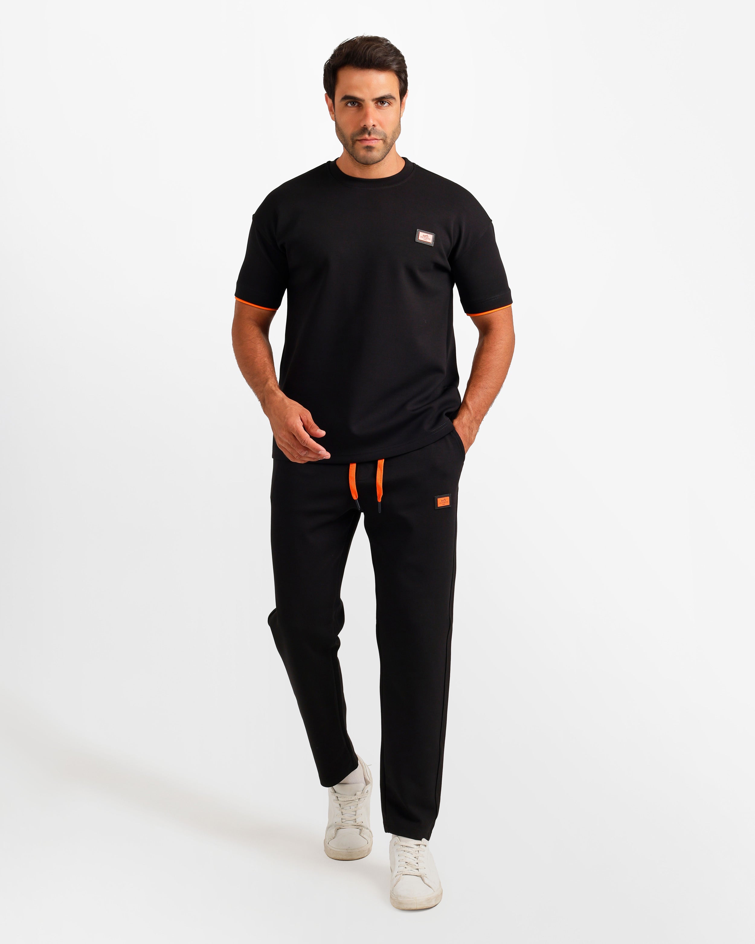 Contrast Trim Streetwear Two-Piece Set - Black | ONZE Egypt