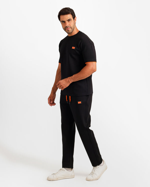 Contrast Trim Streetwear Two-Piece Set - Black | ONZE Egypt
