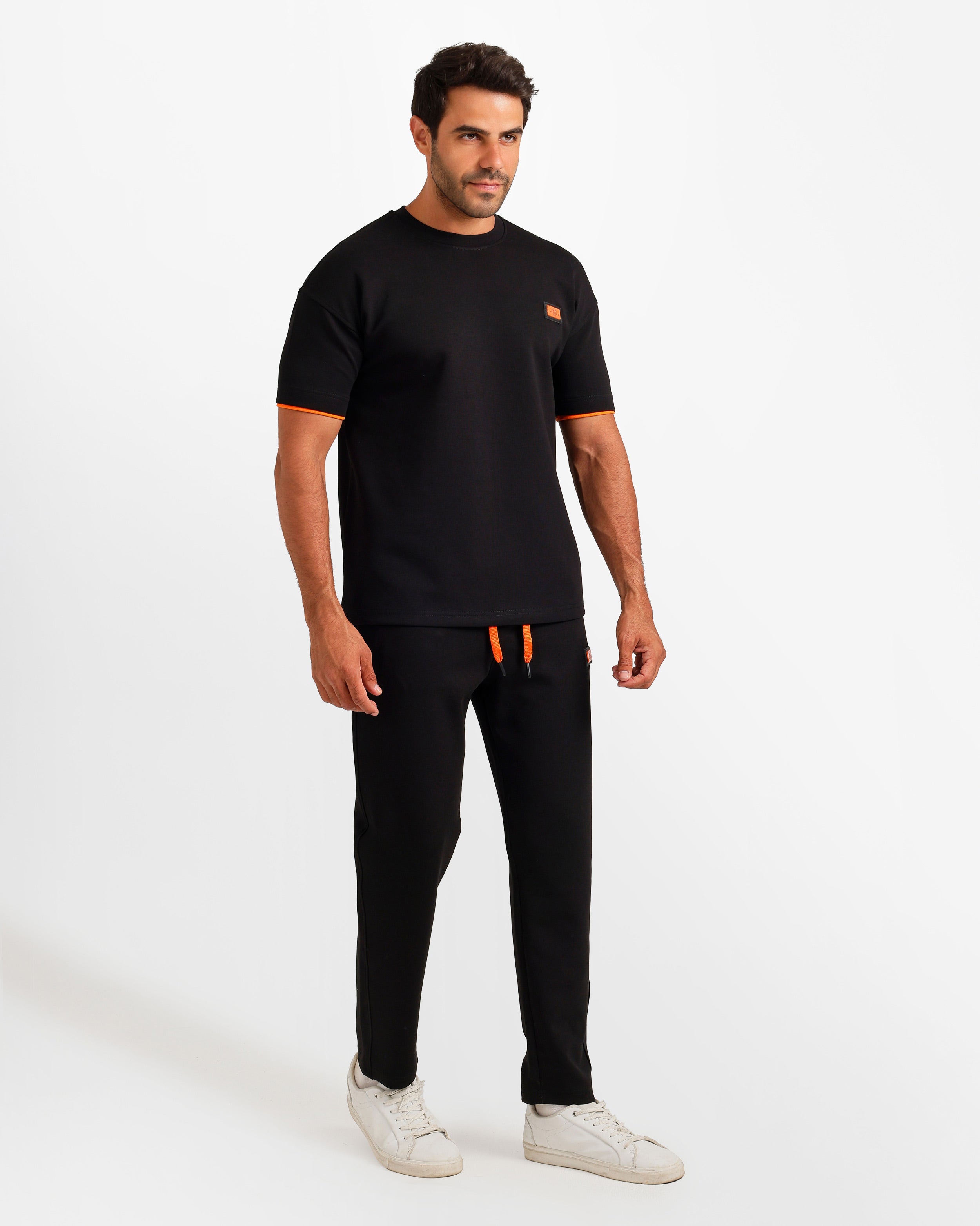 Contrast Trim Streetwear Two-Piece Set - Black | ONZE Egypt
