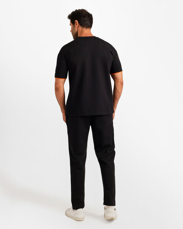 Contrast Trim Streetwear Two-Piece Set - Black | ONZE Egypt