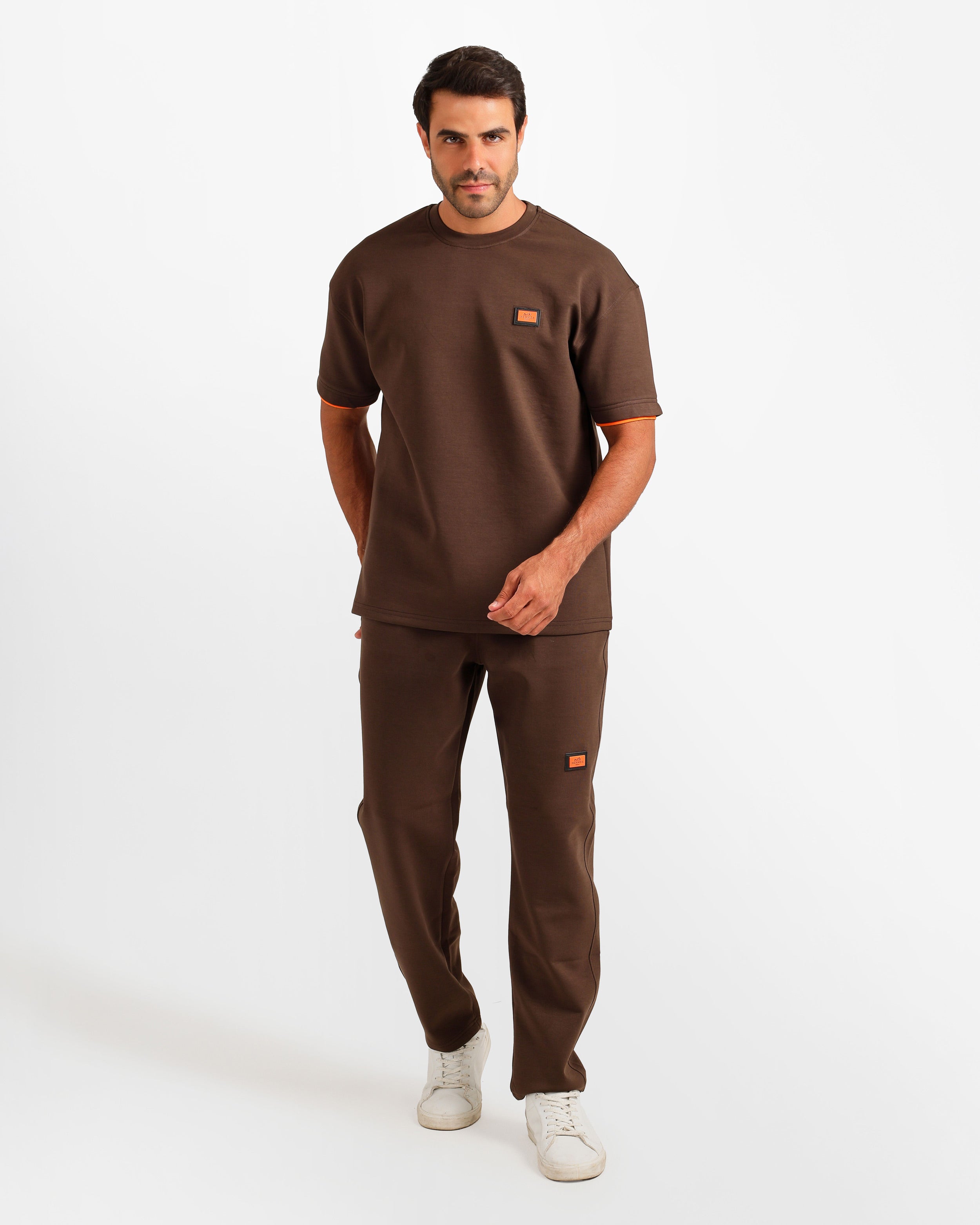 Contrast Trim Streetwear Two-Piece Set - Brown | ONZE Egypt