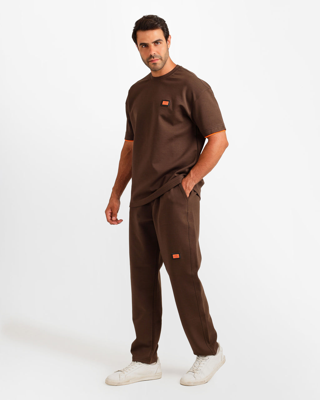 Contrast Trim Streetwear Two-Piece Set - Brown | ONZE Egypt