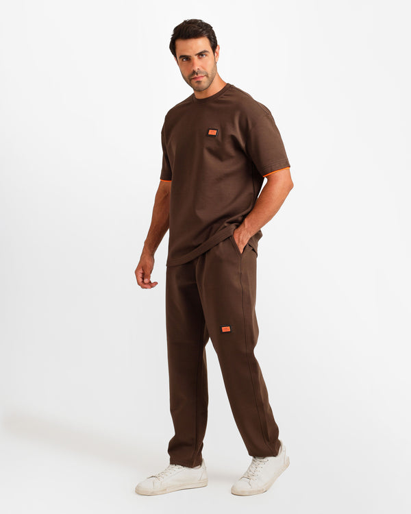 Contrast Trim Streetwear Two-Piece Set - Brown | ONZE Egypt