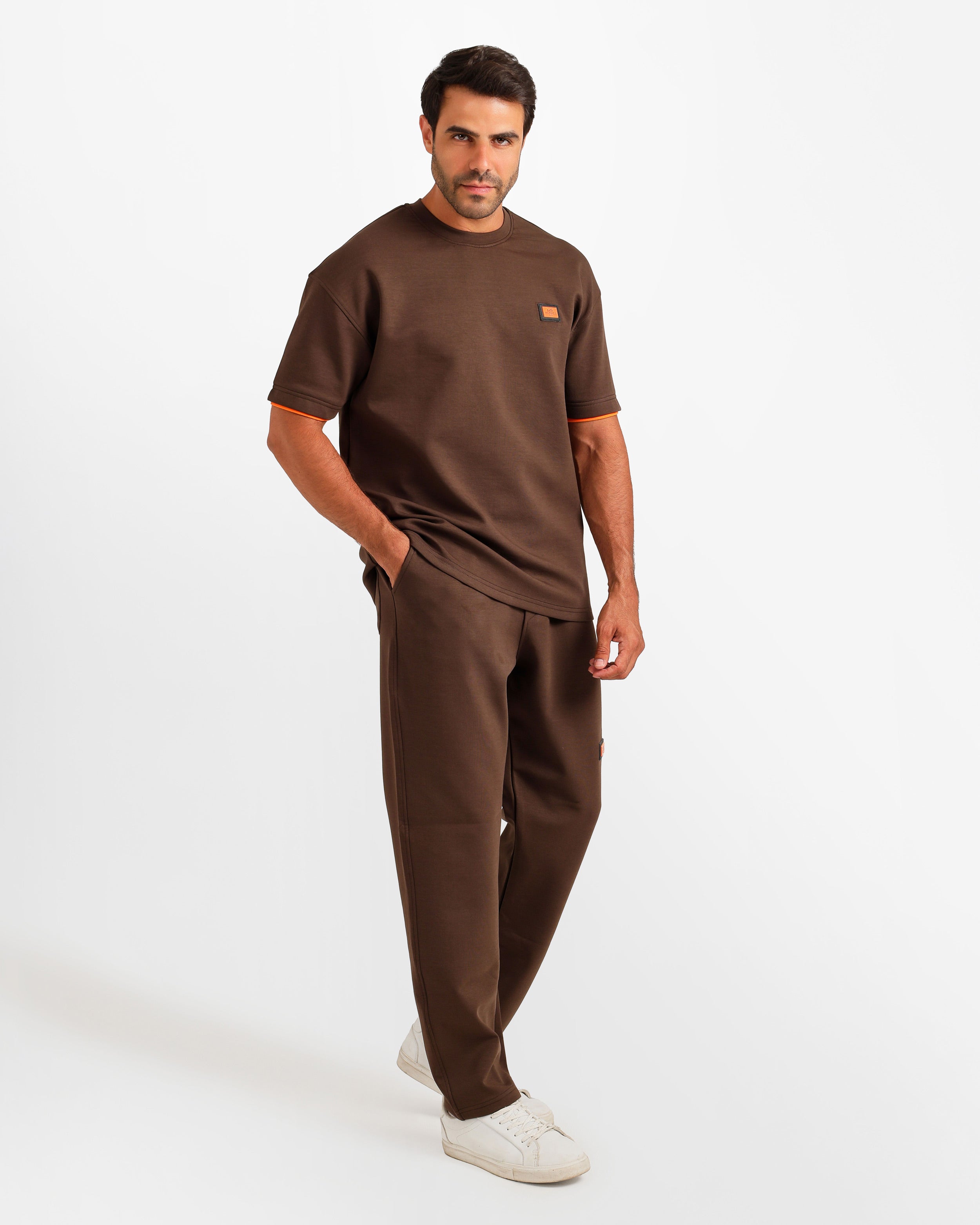 Contrast Trim Streetwear Two-Piece Set - Brown | ONZE Egypt