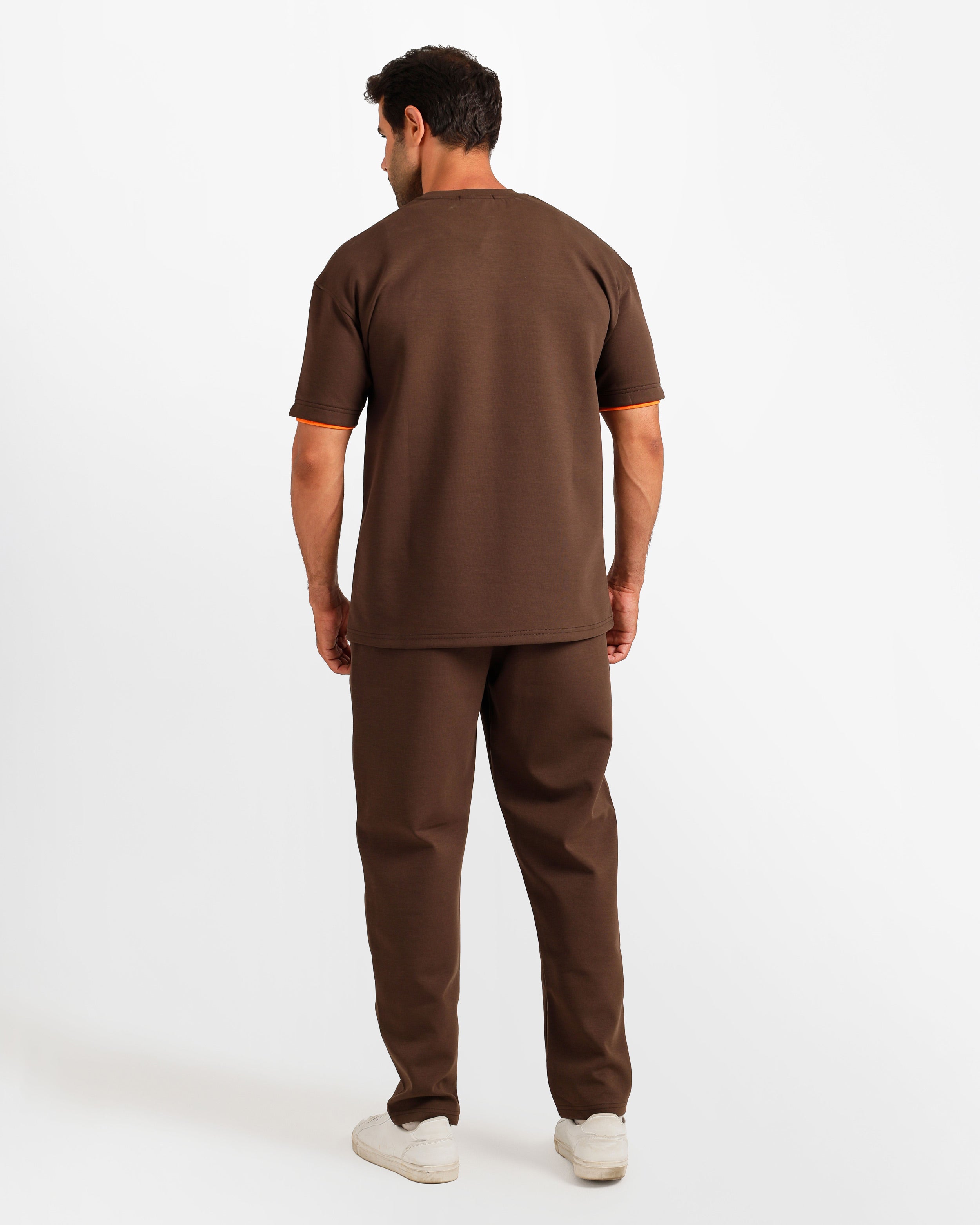 Contrast Trim Streetwear Two-Piece Set - Brown | ONZE Egypt