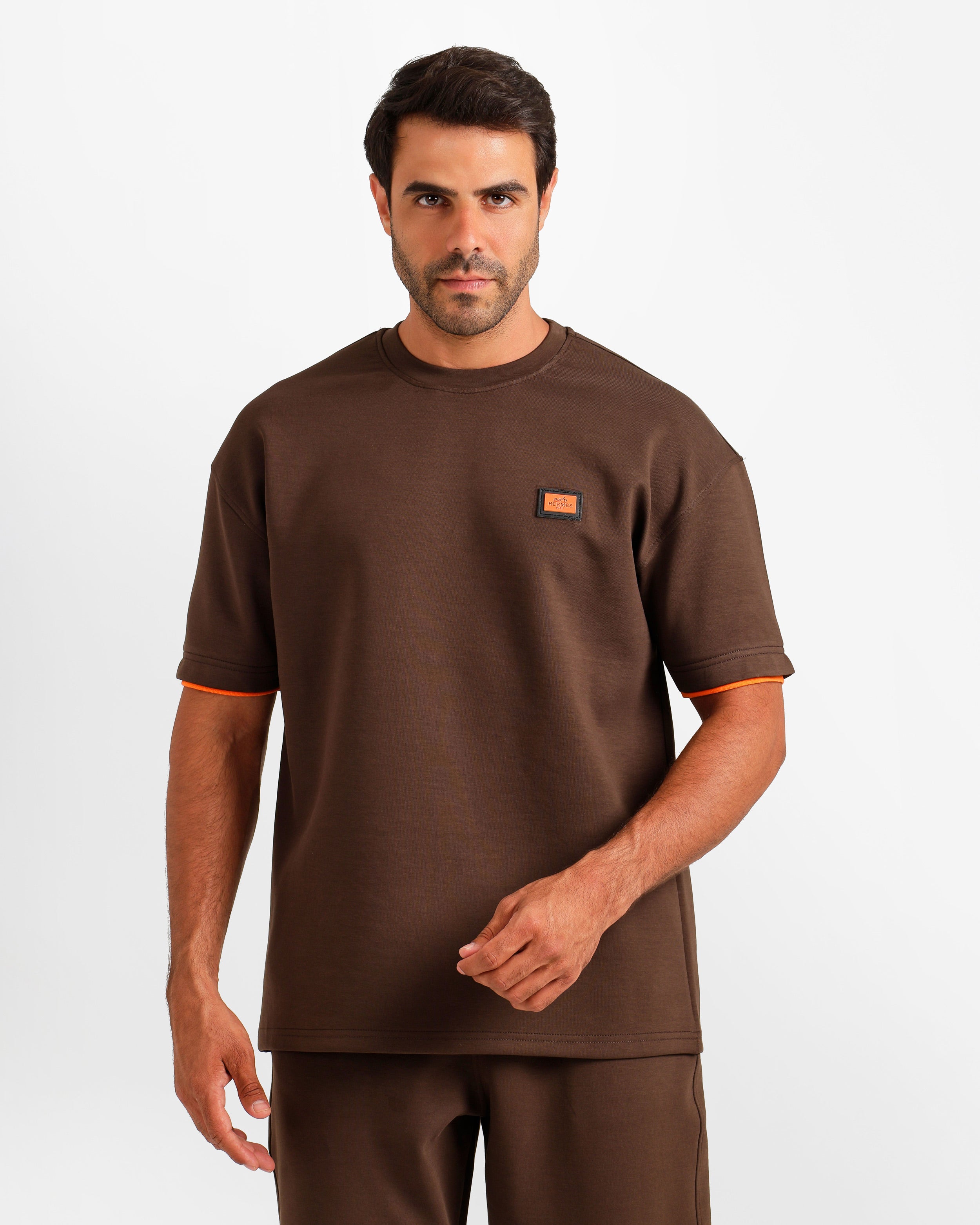 Contrast Trim Streetwear Two-Piece Set - Brown | ONZE Egypt