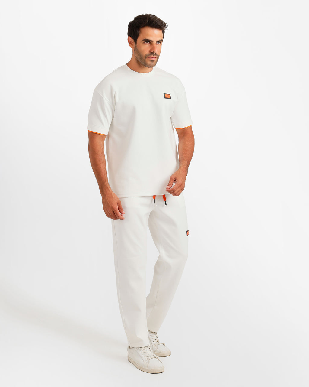 Contrast Trim Streetwear Two-Piece Set - White | ONZE Egypt