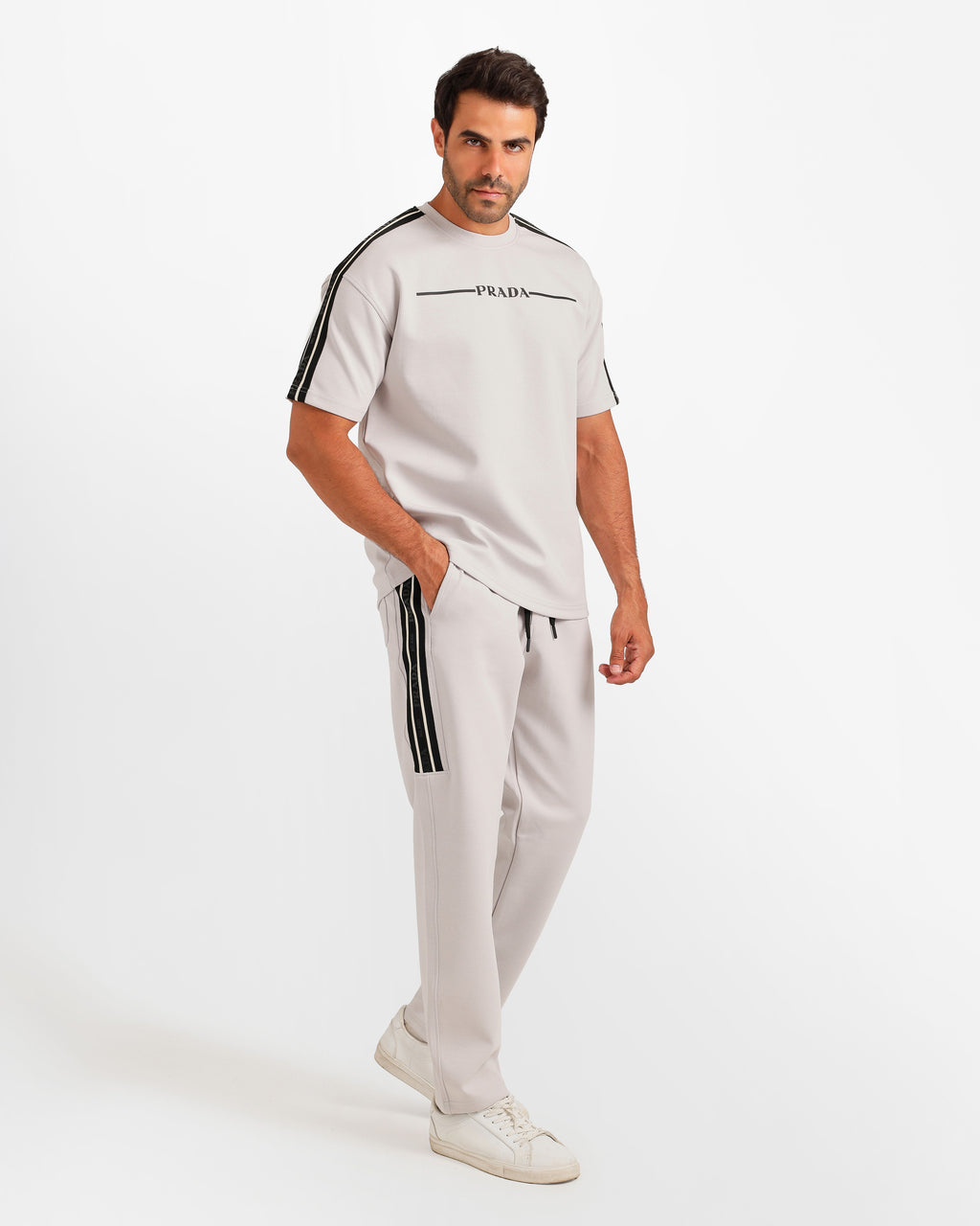 Side Stripe Streetwear Two-Piece Set - Grey | ONZE Egypt