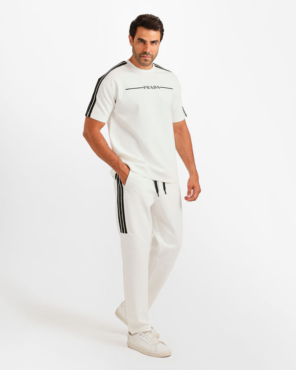 Side Stripe Streetwear Two-Piece Set - White | ONZE Egypt