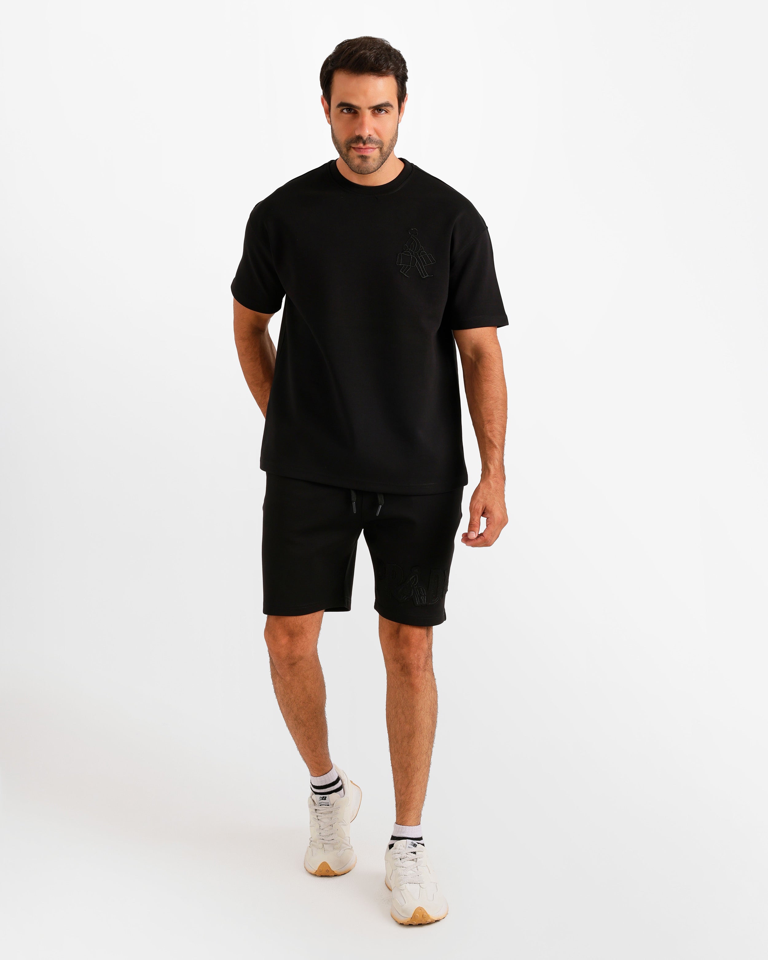 Minimal Embroidered Shorts Set - Black | ONZE Egypt Main image