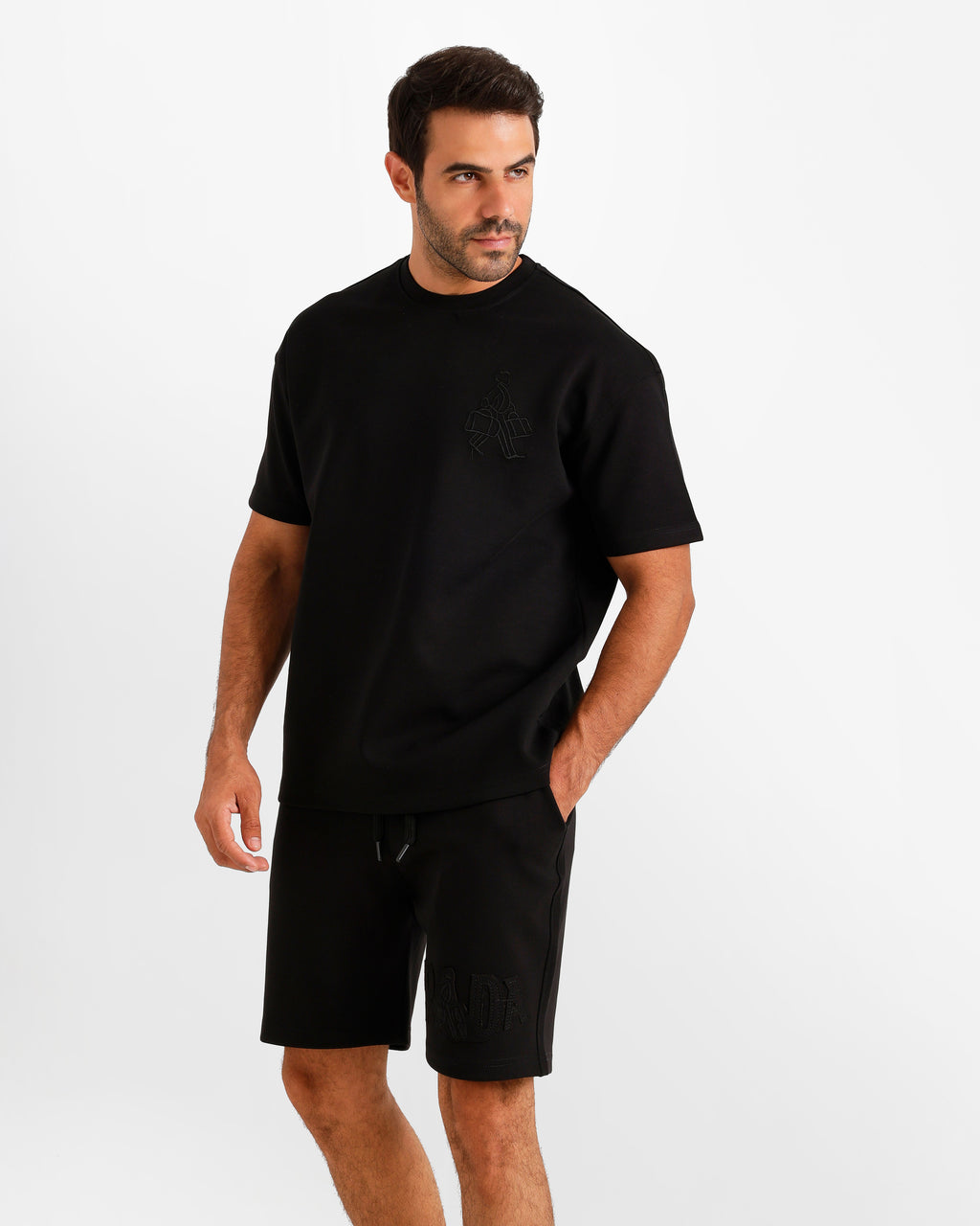 Minimal Embroidered Shorts Set - Black | ONZE Egypt