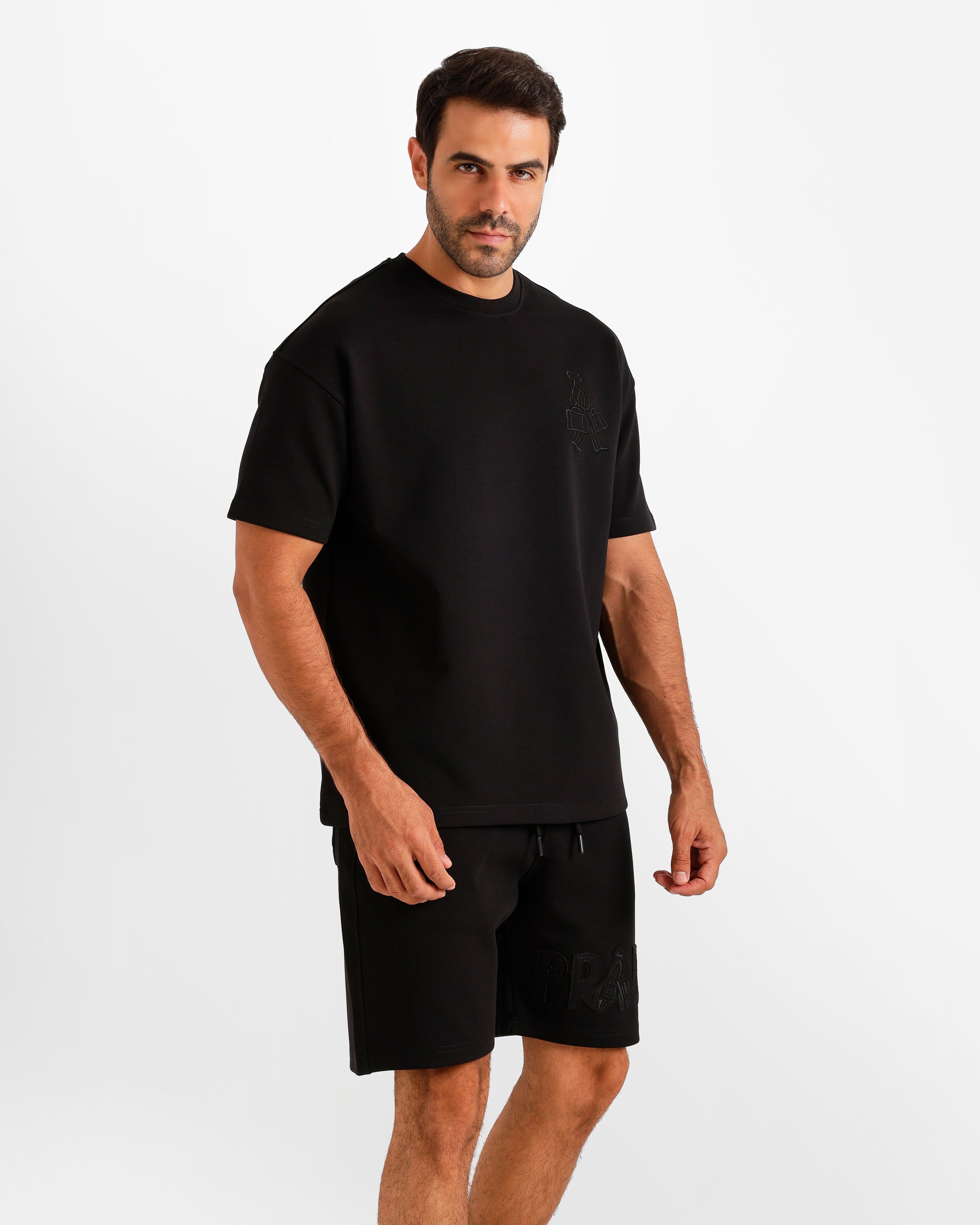 Minimal Embroidered Shorts Set - Black | ONZE Egypt