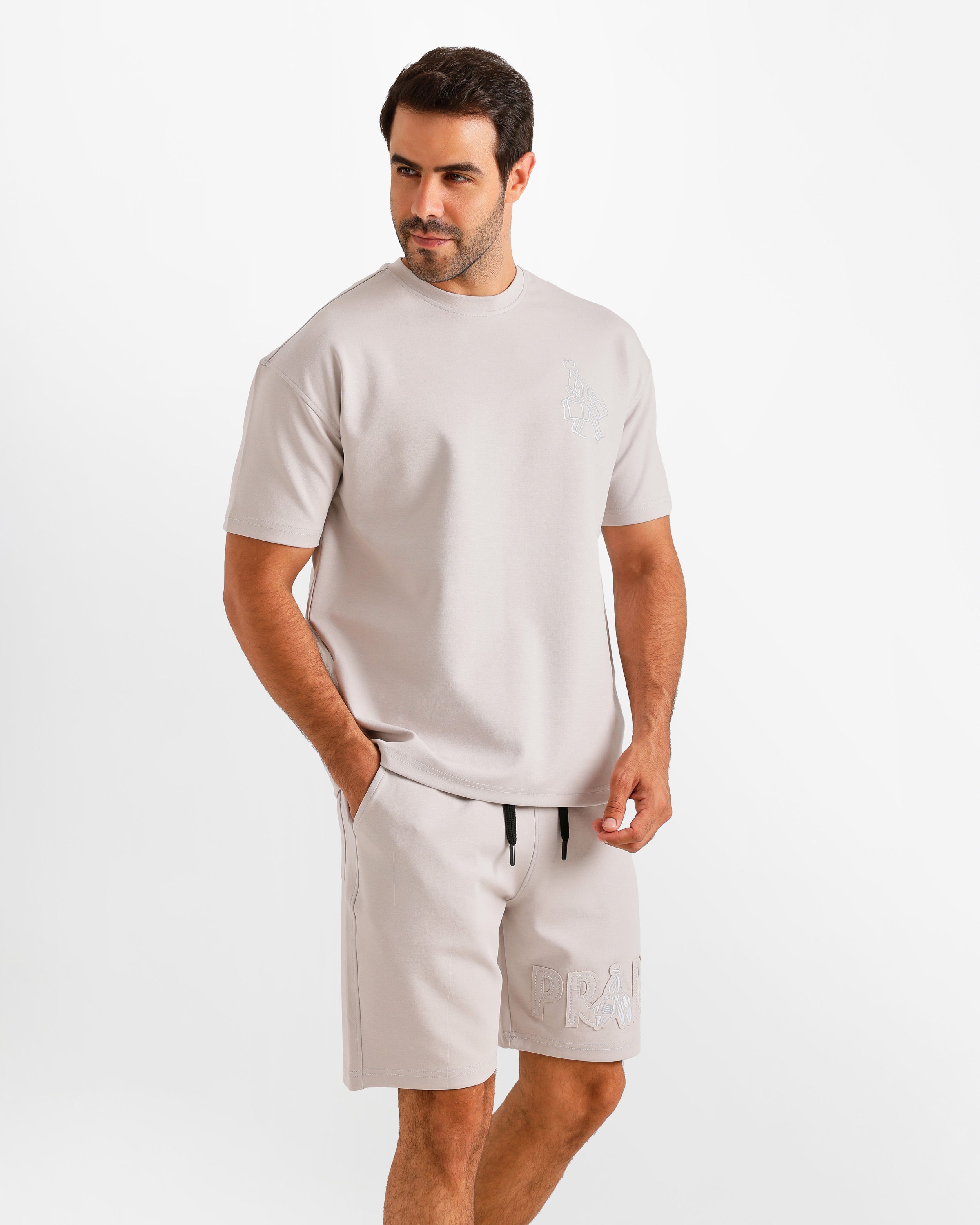 Minimal Embroidered Shorts Set - Grey | ONZE Egypt
