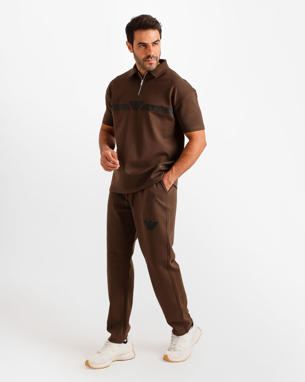 Logo Band Polo & Pants Set - Brown | ONZE Egypt