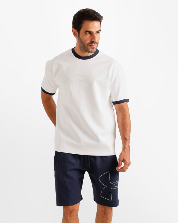 Contrast Neck Casual Shorts Set - Dark Blue | ONZE Egypt