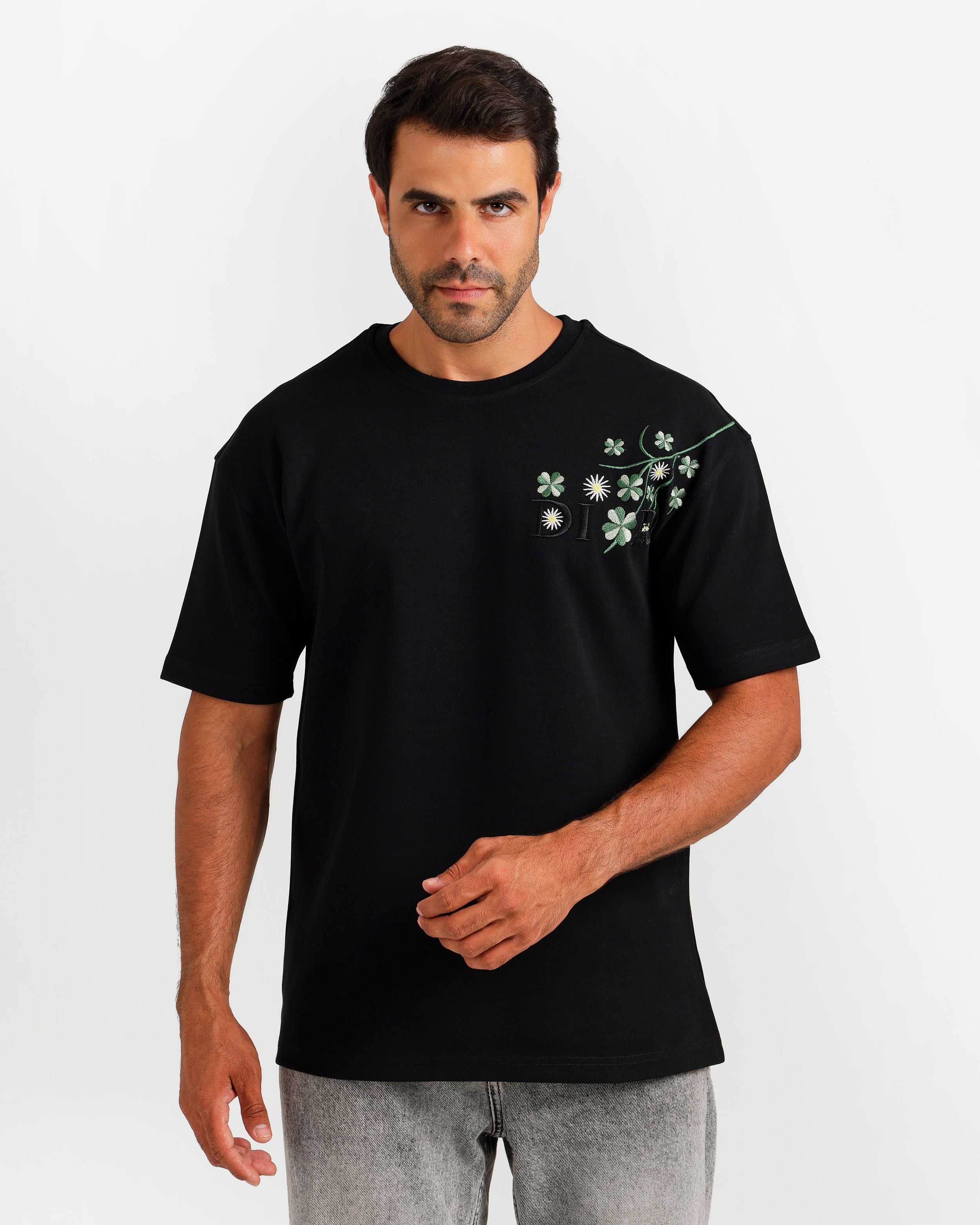 Floral Embroidery Streetwear T-Shirt - Black | ONZE Egypt Main image