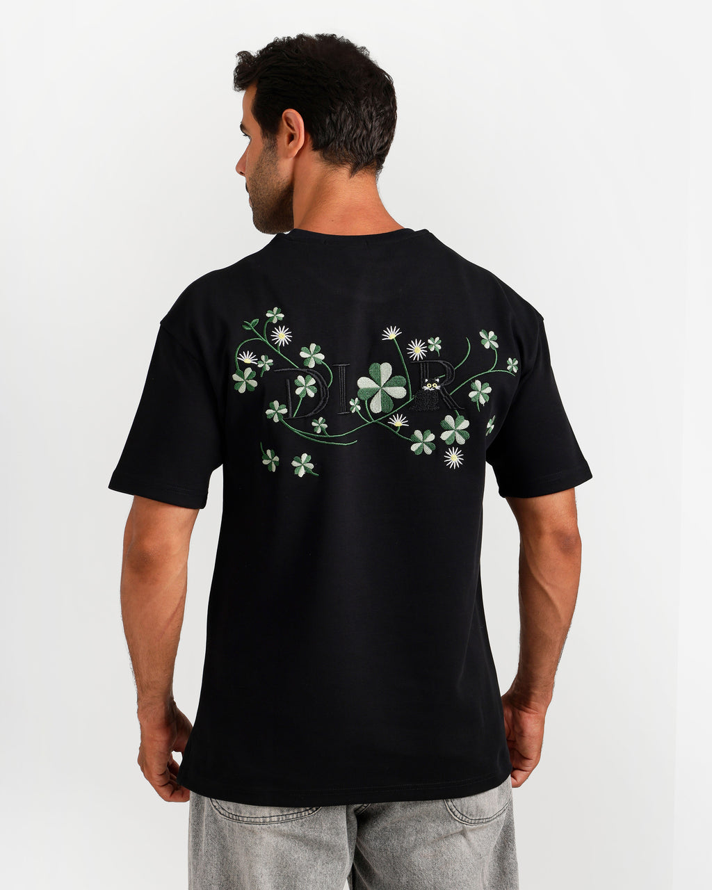 Floral Embroidery Streetwear T-Shirt - Black | ONZE Egypt
