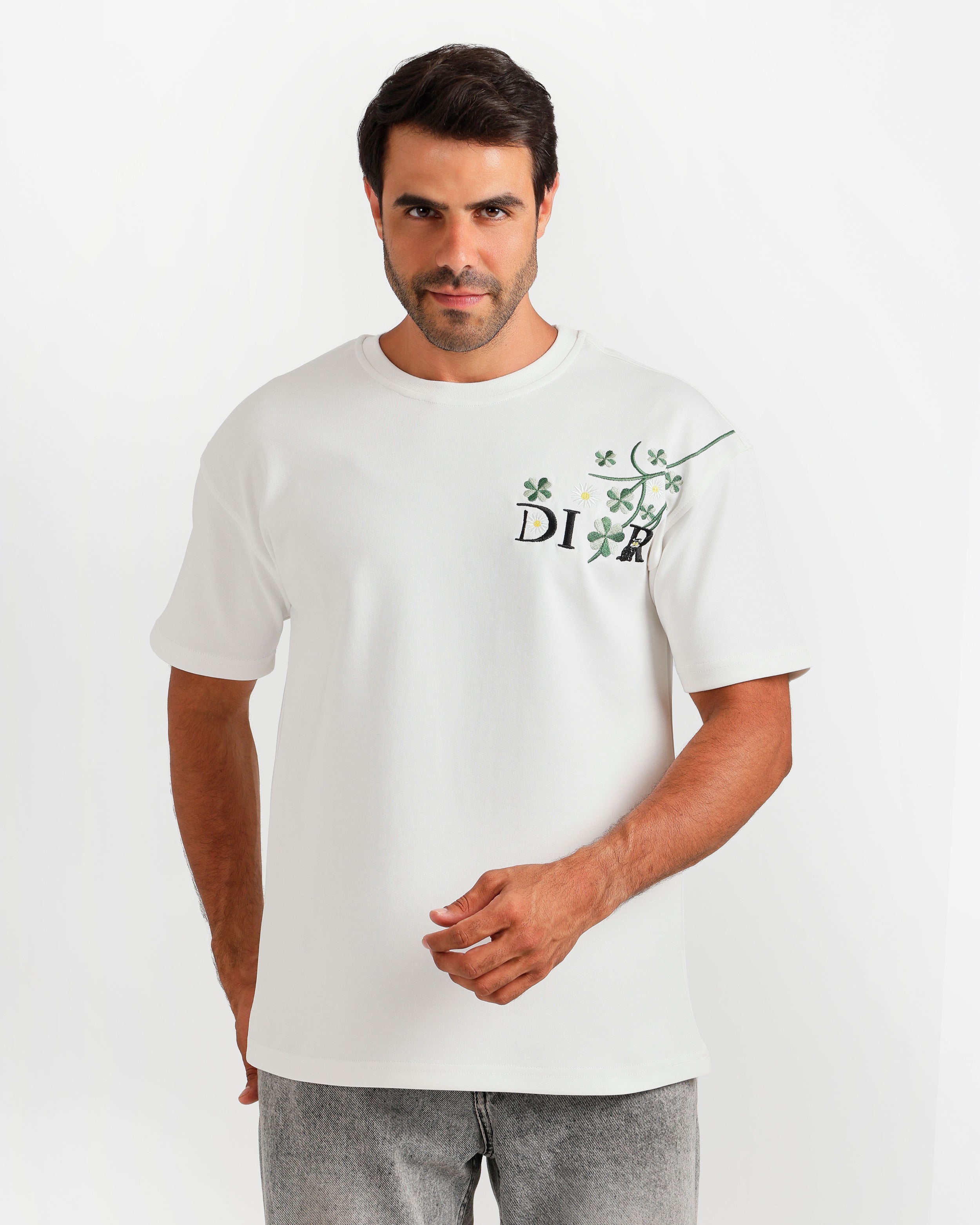 Floral Embroidery Streetwear T-Shirt - White | ONZE Egypt