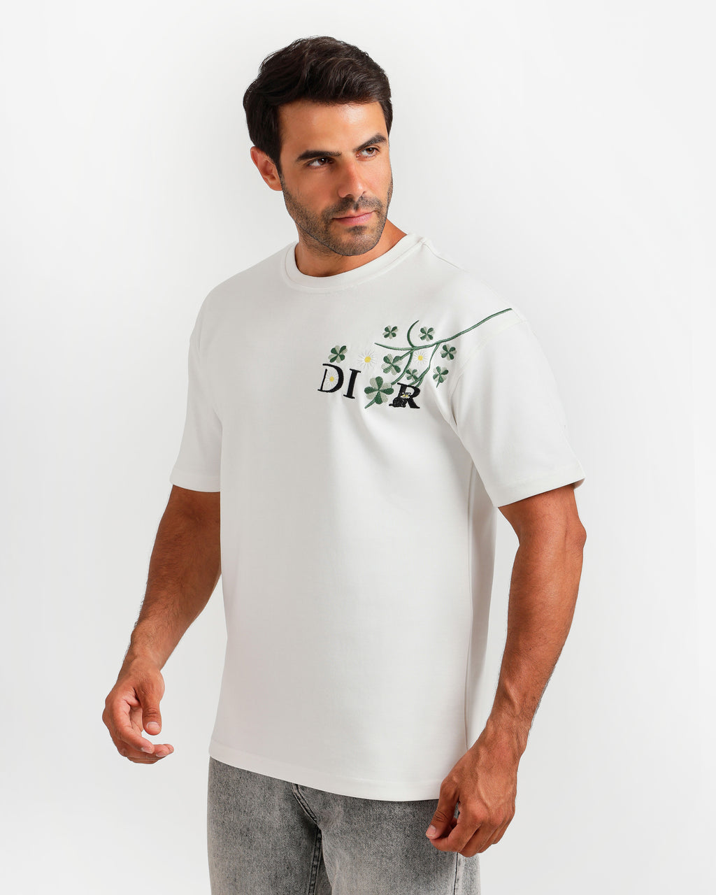 Floral Embroidery Streetwear T-Shirt - White | ONZE Egypt