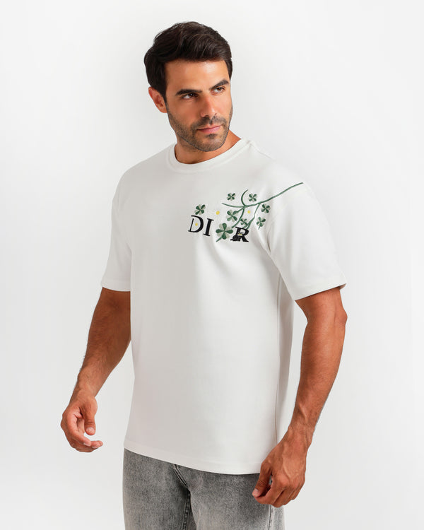 Floral Embroidery Streetwear T-Shirt - White | ONZE Egypt