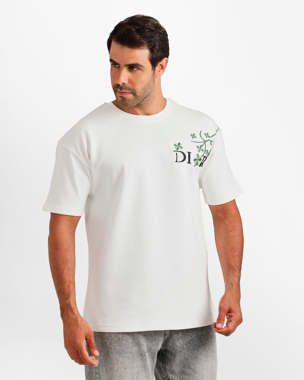 Floral Embroidery Streetwear T-Shirt - White | ONZE Egypt