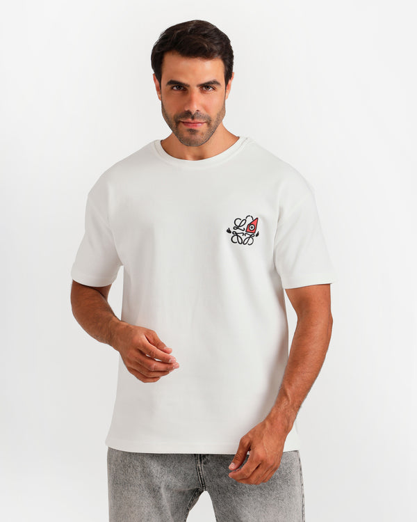 Floral Embroidered Chest Graphic T-Shirt - White | ONZE Egypt