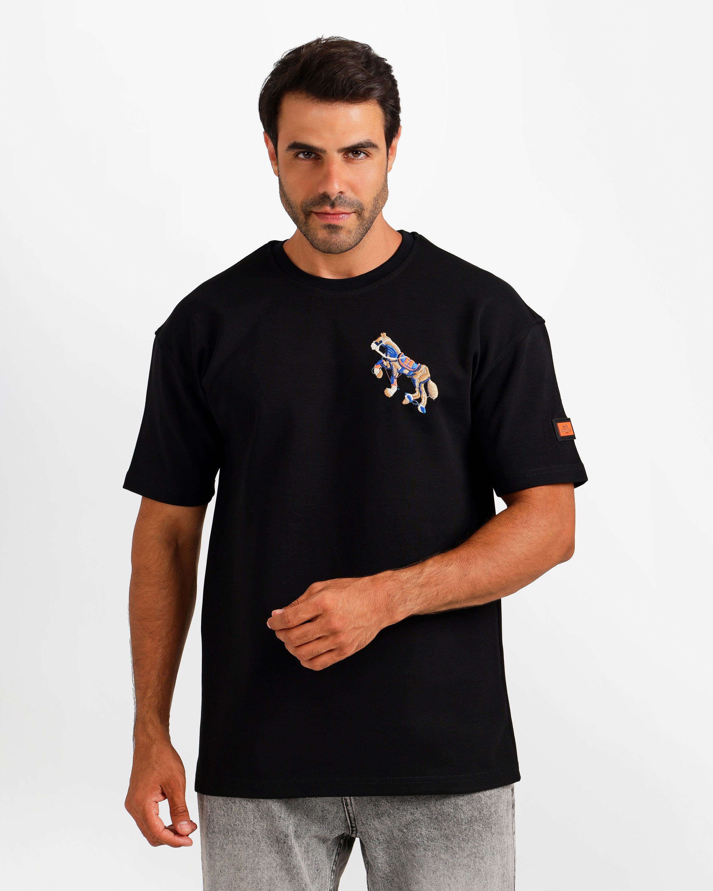 Equestrian Embroidery Streetwear T-Shirt - Black | ONZE Egypt