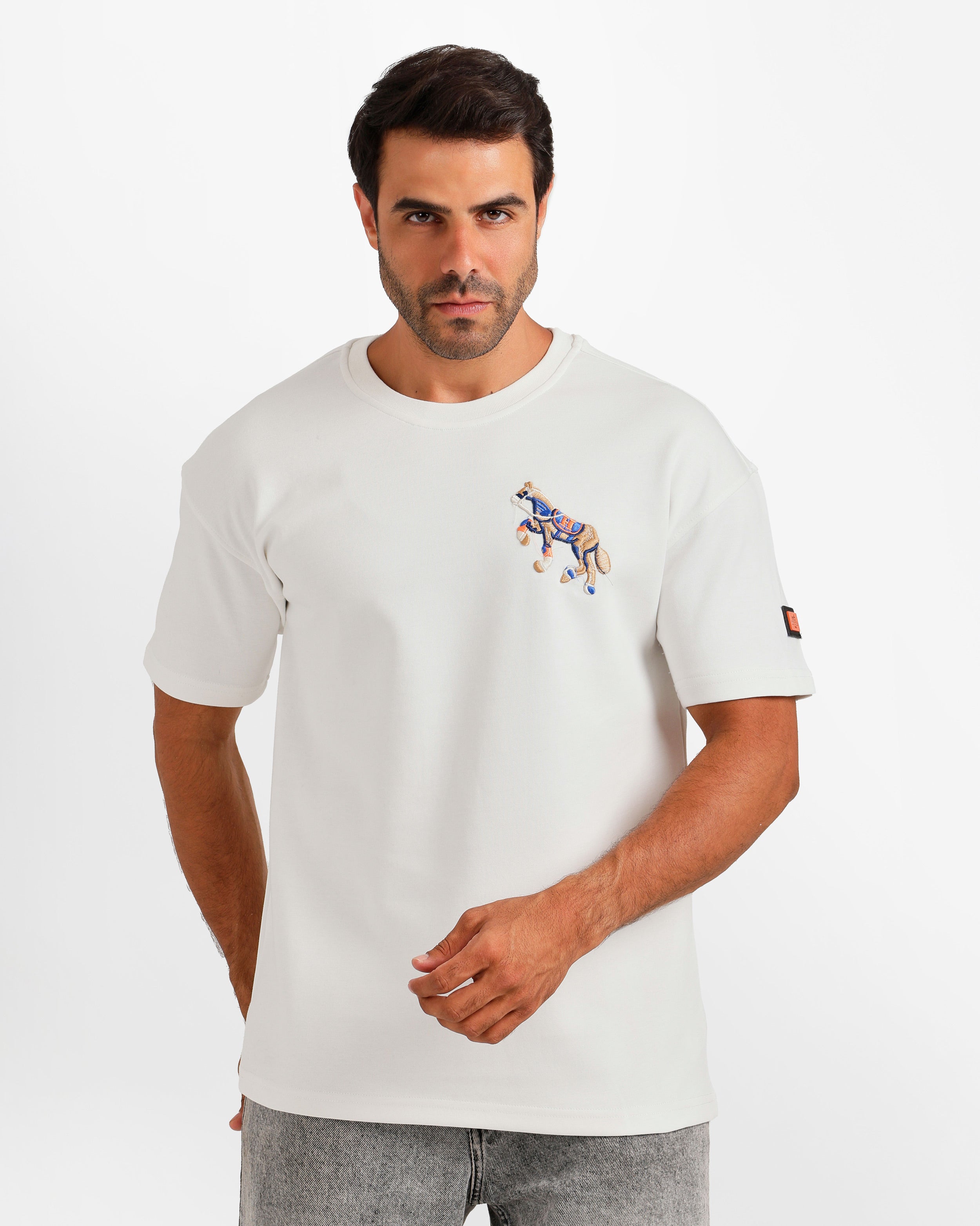 Equestrian Embroidery Streetwear T-Shirt - White | ONZE Egypt Main image
