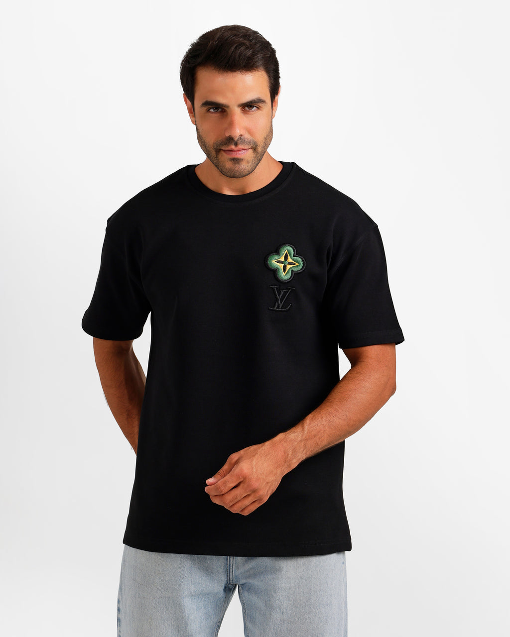 Floral Crest Detail T-Shirt - Black | ONZE Egypt