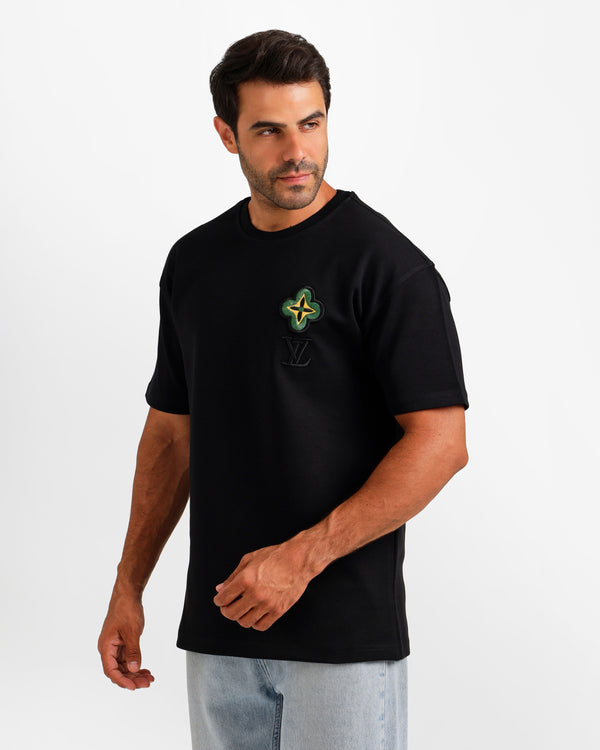 Floral Crest Detail T-Shirt - Black | ONZE Egypt
