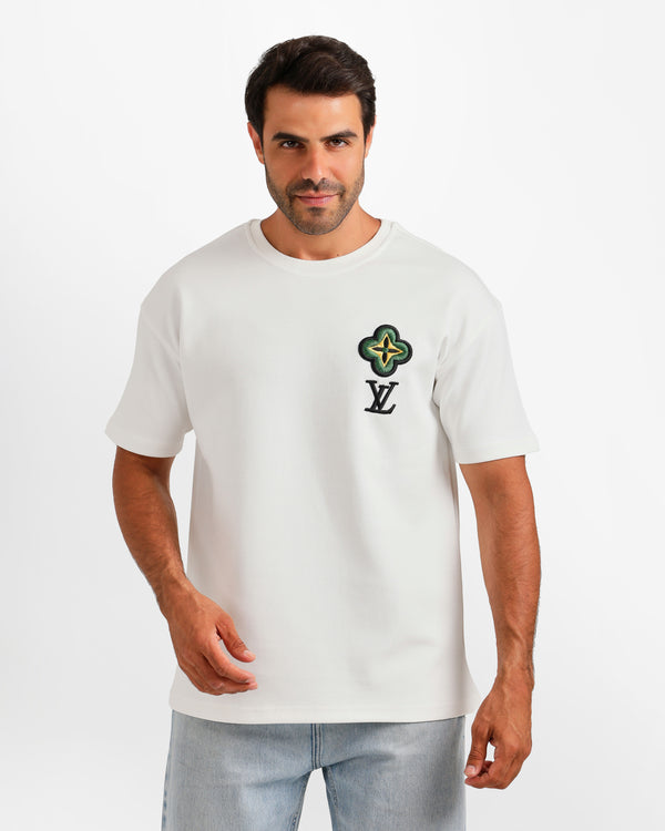 Floral Crest Detail T-Shirt - White | ONZE Egypt