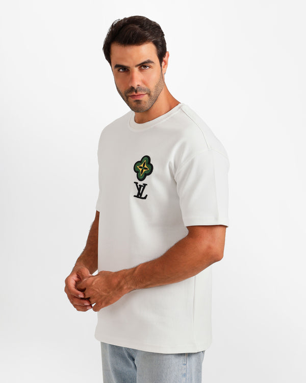 Floral Crest Detail T-Shirt - White | ONZE Egypt