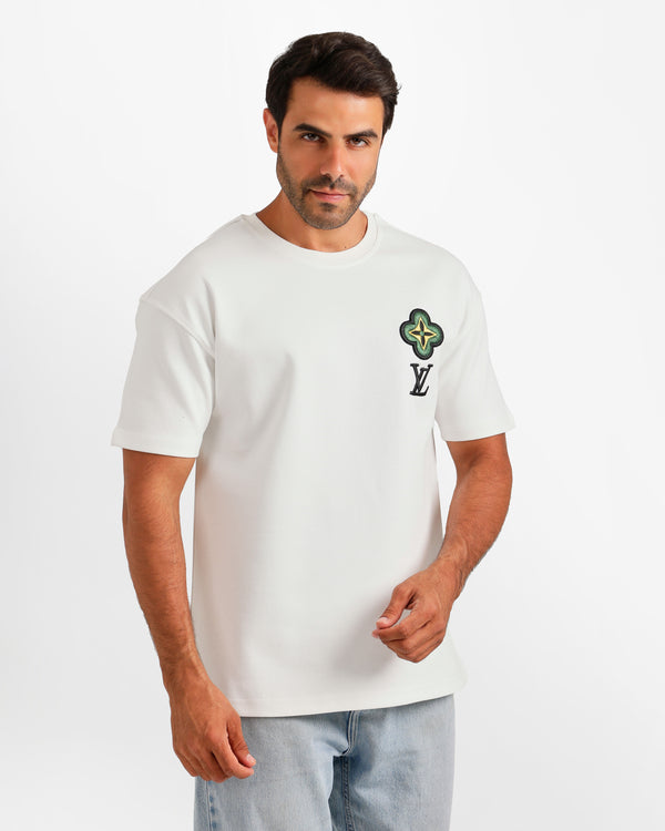 Floral Crest Detail T-Shirt - White | ONZE Egypt