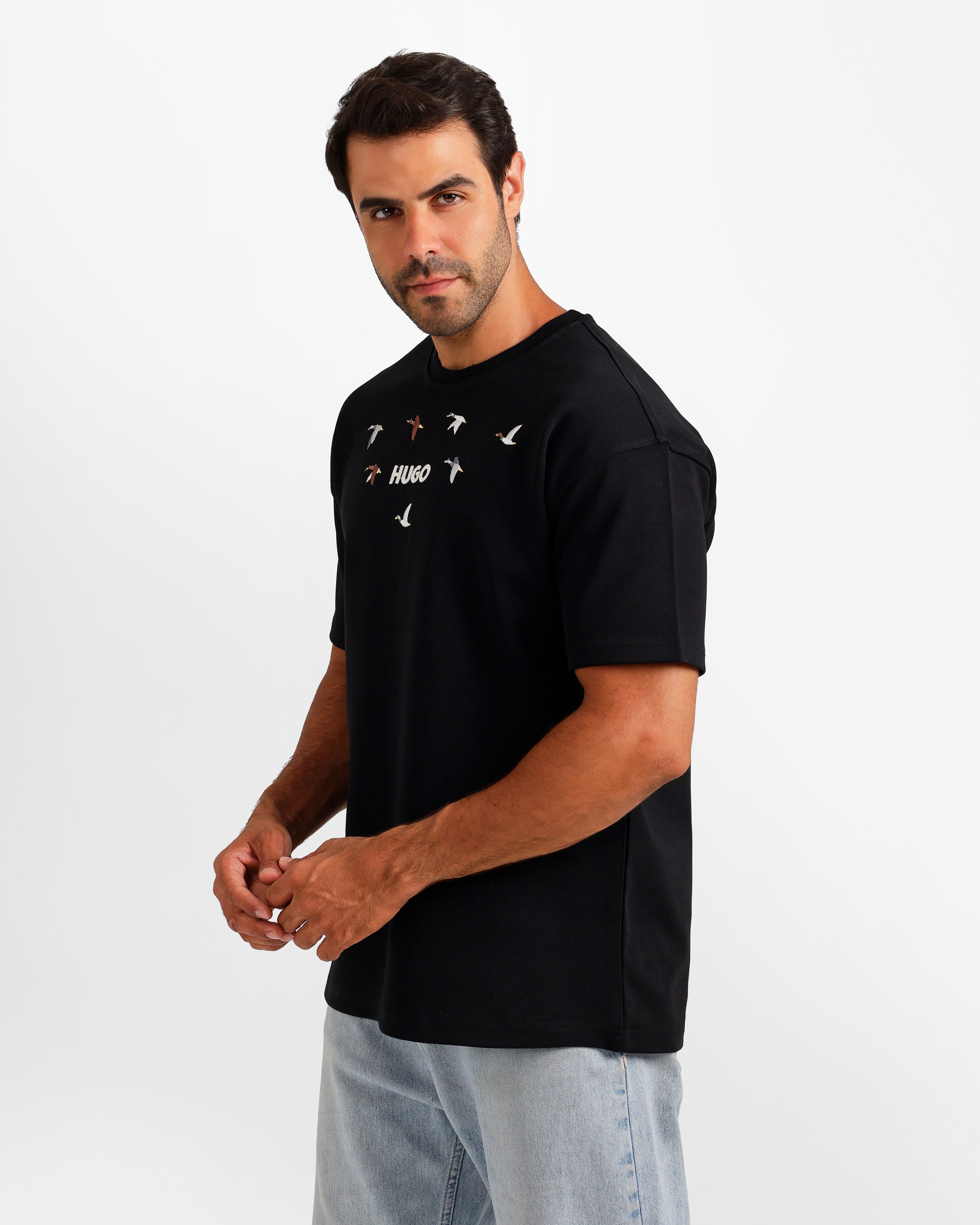 Bird Motif Graphic T-Shirt - Black | ONZE Egypt