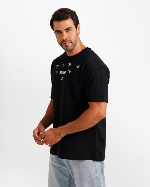Bird Motif Graphic T-Shirt - Black | ONZE Egypt