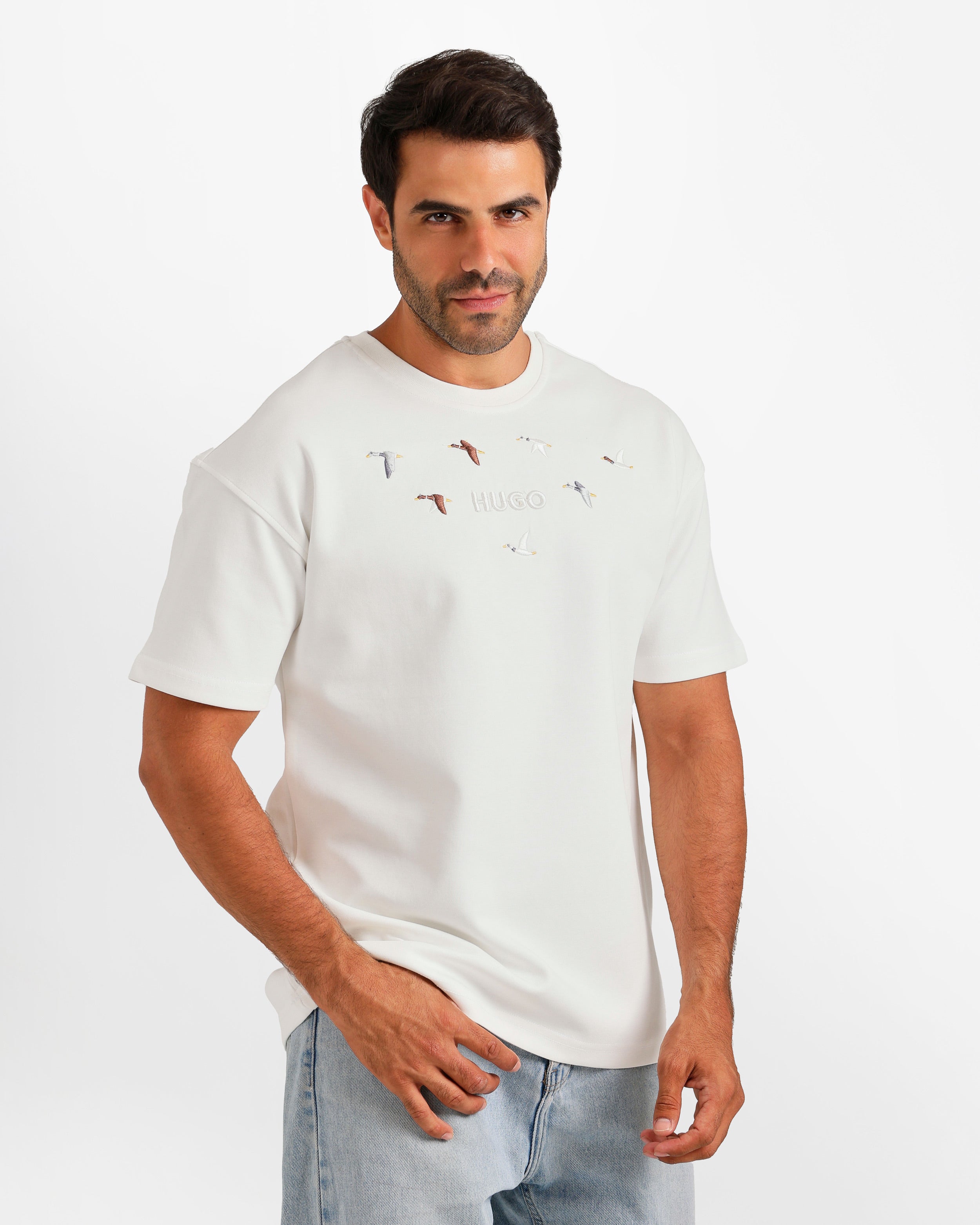 Bird Motif Graphic T-Shirt - White | ONZE Egypt